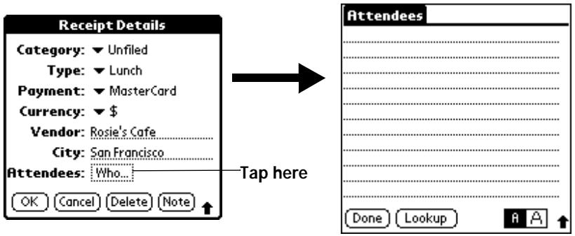 PALM V - To add names to an Expense record: - 2