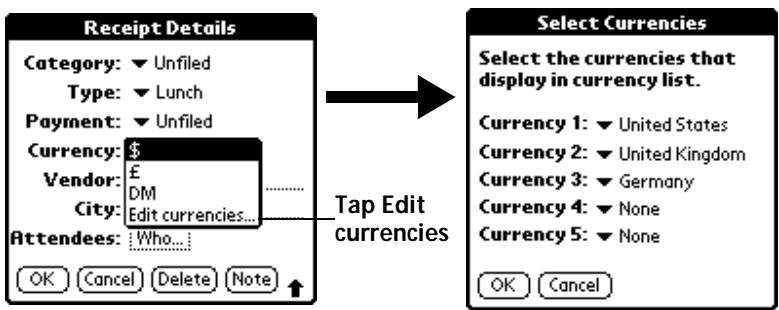PALM V - To customize the Currency pick list: - 1