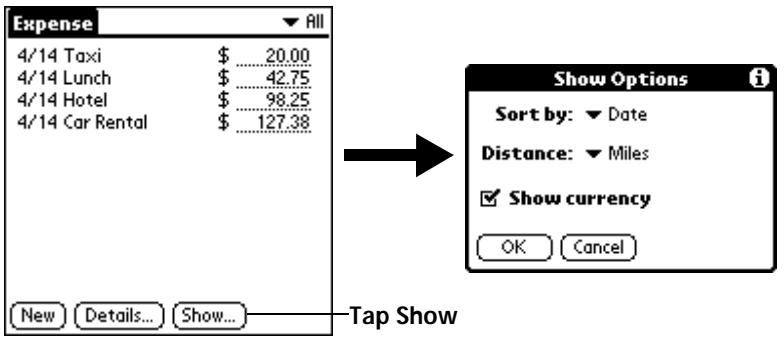 PALM V - To open the Show Options dialog box: - 1