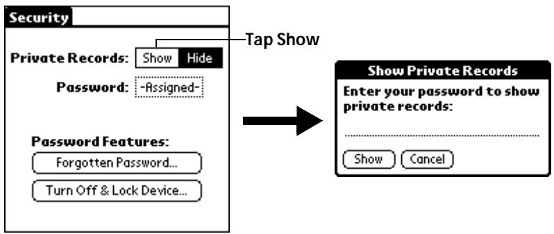 PALM V - To display private records: - 1