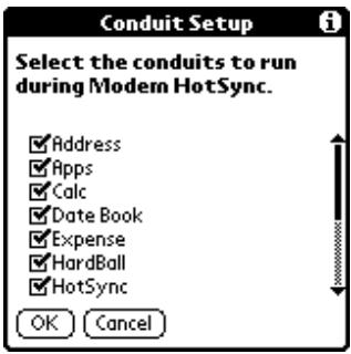 PALM V - Selecting the conduits for a modem HotSync operation - 1
