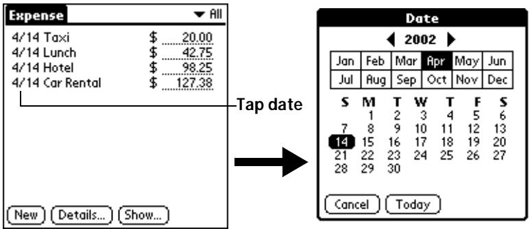 PALM V - To change the date of an Expense item: - 1