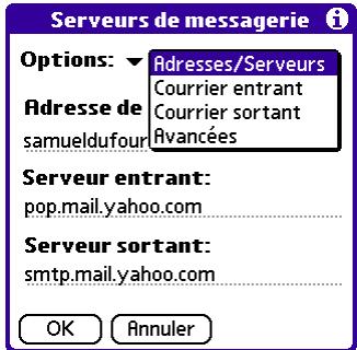 PALM VERSAMAIL - Pour modifier l'adresse électronique et les paramètres du serveur de messagerie : - 1