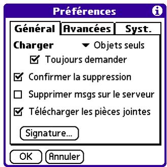 PALM VERSAMAIL - Définition des préférences pour la récapitulation et la suppression du courrier électronique - 1