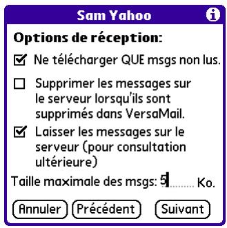 PALM VERSAMAIL - Configuration des options de récupération du courrier pour un compte POP ou IMAP - 1