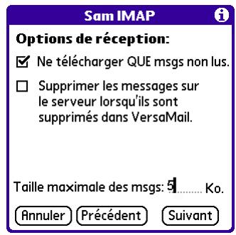 PALM VERSAMAIL - Configuration des options de récupération du courrier pour un compte POP ou IMAP - 2