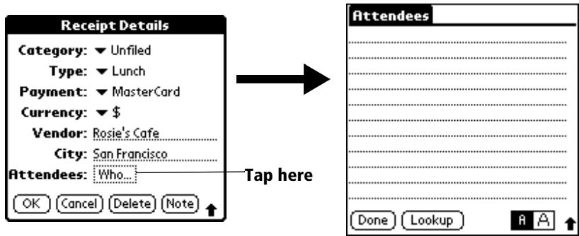 PALM VX - To add names to an Expense record: - 2