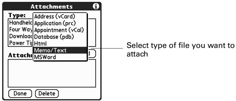 PALM TUNGSTEN 2 VERSAMAIL 2.5 - Attaching files from a handheld application - 2