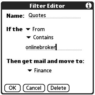 PALM TUNGSTEN 2 VERSAMAIL 2.5 - Creating mail filters - 1