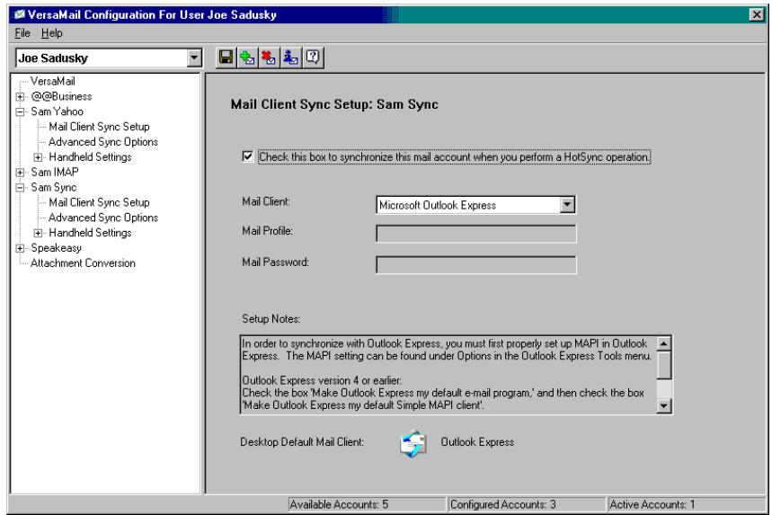 PALM TUNGSTEN 2 VERSAMAIL 2.5 - To configure an account and set the synchronization options: - 2
