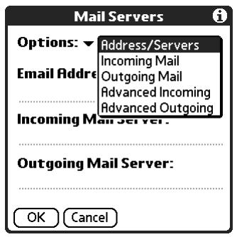PALM TUNGSTEN 2 VERSAMAIL 2.5 - To change e-mail address/mail server settings: - 1
