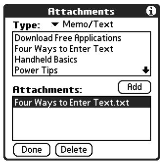 PALM TUNGSTEN 2 VERSAMAIL 2.5 - Attaching files from a handheld application - 4