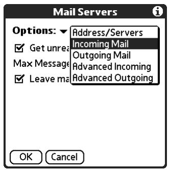 PALM TUNGSTEN 2 VERSAMAIL 2.5 - To change incoming mail server settings: - 1