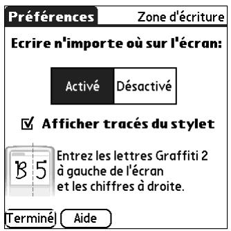 PALM TUNGSTEN C - Pour activer et désactiver les préférences de zone d'écriture : - 1