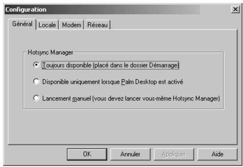 PALM TUNGSTEN C - Sélection des options de configuration hotSync - 1