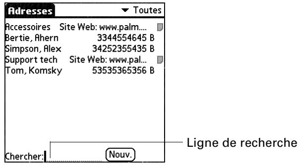 PALM TUNGSTEN C - Pour rechercher un enregistrement dans adresses avec le stylet : - 1