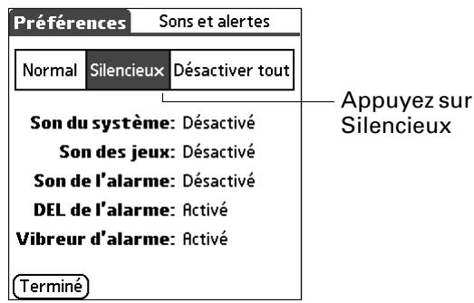 PALM TUNGSTEN C - Pour définir les paramètres du vibreur d'alarme et du témoin lumineux sans son : - 1