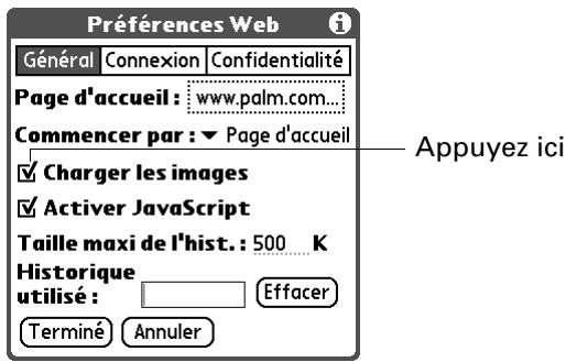 PALM TUNGSTEN C - Pour activer ou désactiver le téléchargement d'images : - 1