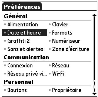 PALM TUNGSTEN C - Pour ouvrir les écans des préférences sous personnel : - 1