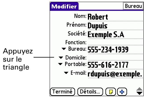 PALM TUNGSTEN E - Pour sélectionner des types de champs dans un contact : - 1
