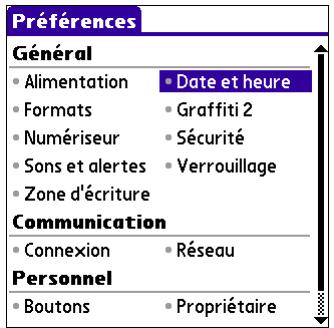 PALM TUNGSTEN E - Paramétrage de la catégorie général de l'écran préférences - 1