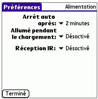 PALM TUNGSTEN E - Option alimentation de l'écran préférences - 1