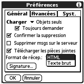 PALM TUNGSTEN T2 - Pour définir les préférences de messagerie : - 1