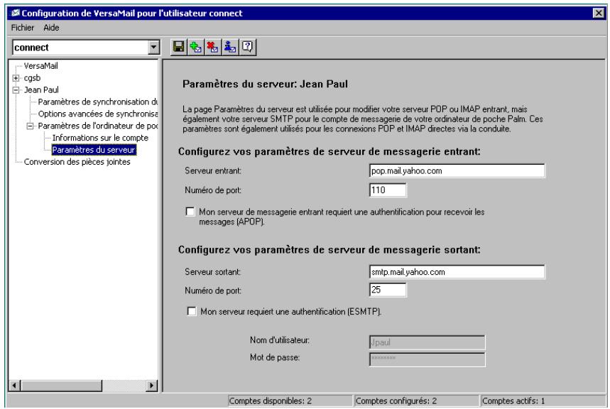 PALM TUNGSTEN T2 - Si vous utilisez un compte déjà configuré sur l'ordinateur de poche, les informations relatives à ce compte sont déjà saisies. Sinon, saisissez les informations suivantes : - 1