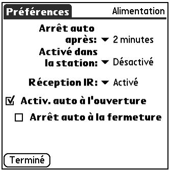 PALM TUNGSTEN T2 - Option Alimentation de l'écran Préférences - 1