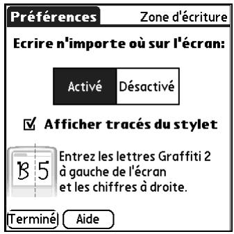 PALM TUNGSTEN T2 - Pour activer et désactiver les préférences de Zone d'écriture : - 1