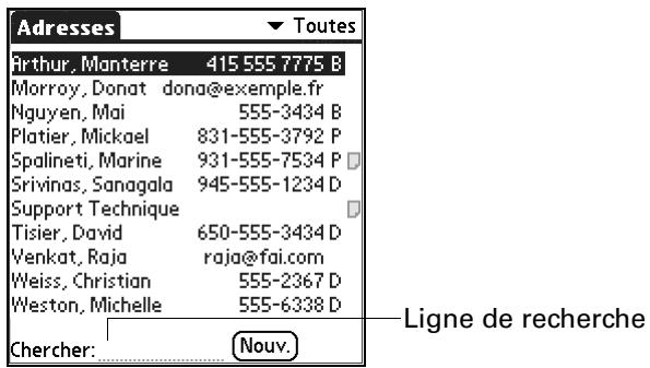 PALM TUNGSTEN T2 - Pour rechercher un enregistrement dans Adresses avec le stylet : - 1