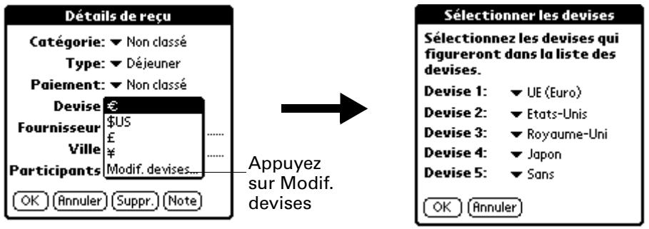 PALM ZIRE 21 - Pour personnaliser la liste de sélection devise : - 1