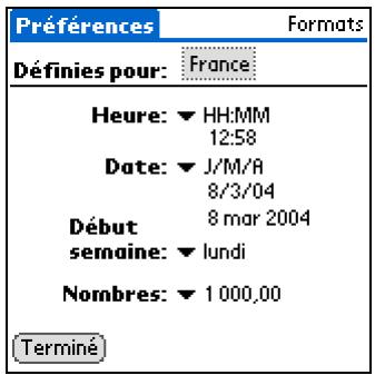 PALM ZIRE 31 - Sélection des formats pour les dates, les heures et les chiffres - 1
