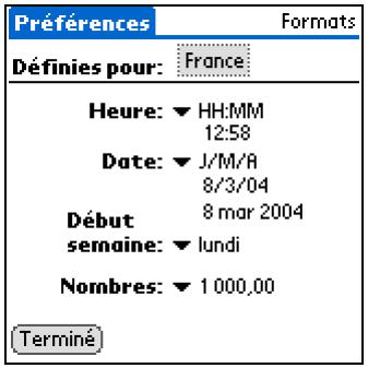 PALM ZIRE 72 - Sélection des formats pour les dates, les heures et les chiffres - 2