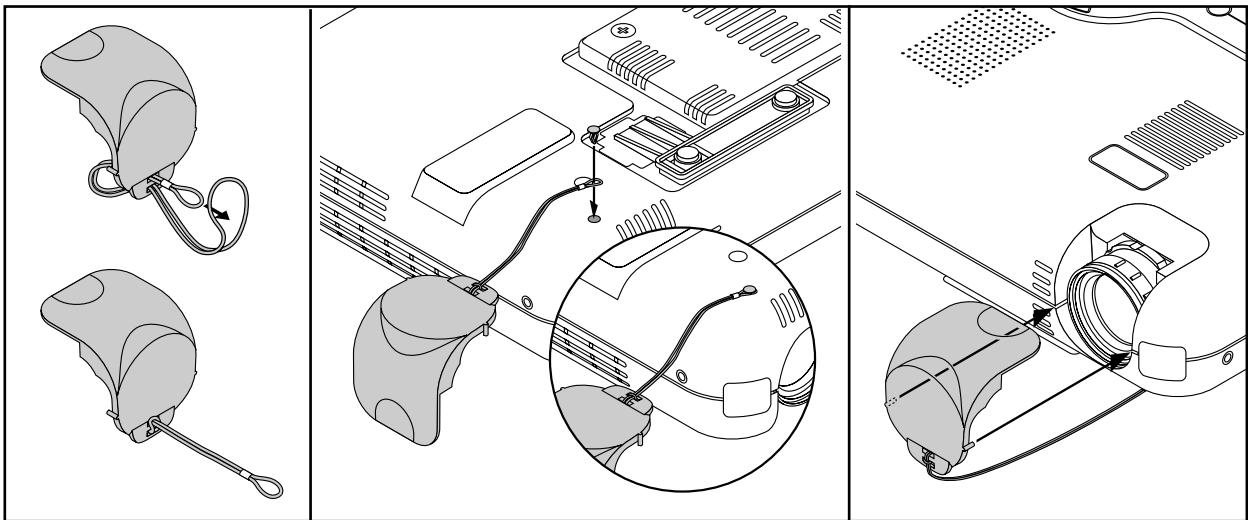 NEC LT75Z - Attaching the lens cap to the bottom with the supplied string and rivet - 1