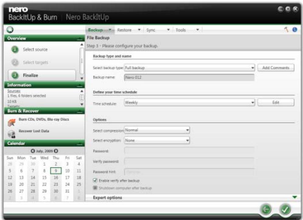 NERO BACKITUP AND BURN - Backup Settings Screen - 1