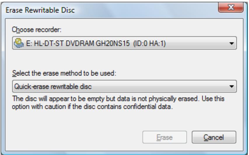 NERO BACKITUP AND BURN - Erase Rewritable Disc Window - 1