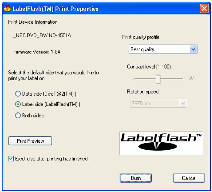 NERO COVERDESIGNER 2 - LabelFlash™ Print Properties window - 1