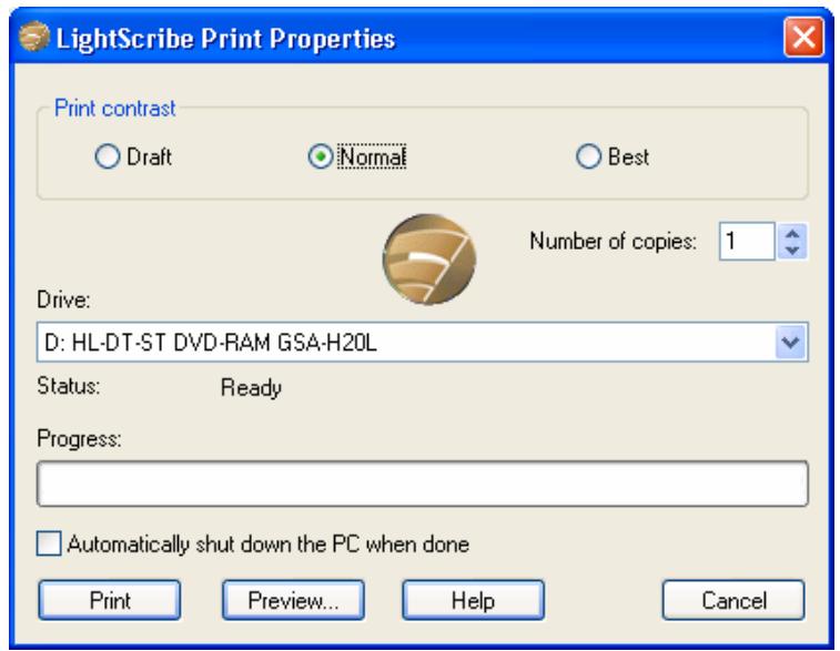 NERO COVERDESIGNER 2 - LightScribe Print Properties window - 1