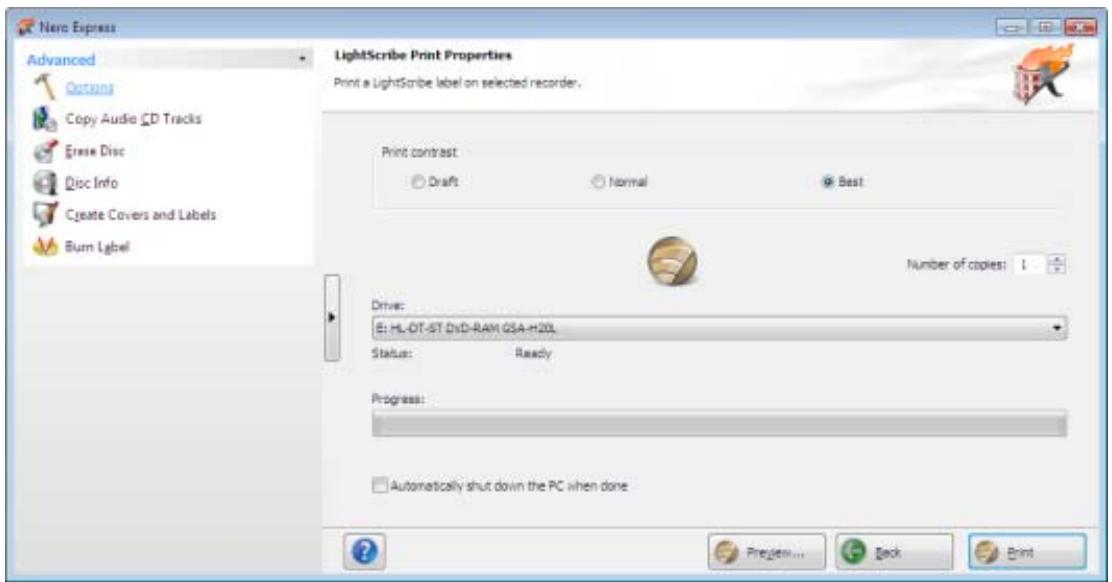 NERO EXPRESS 9 - LightScribe Print Properties window - 1