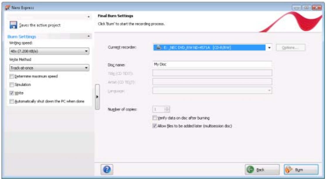 NERO EXPRESS 9 - Final Burn Settings screen - 1