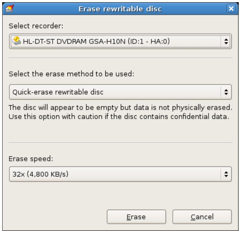 NERO LINUX 3 - Erase Rewritable Disc window - 1