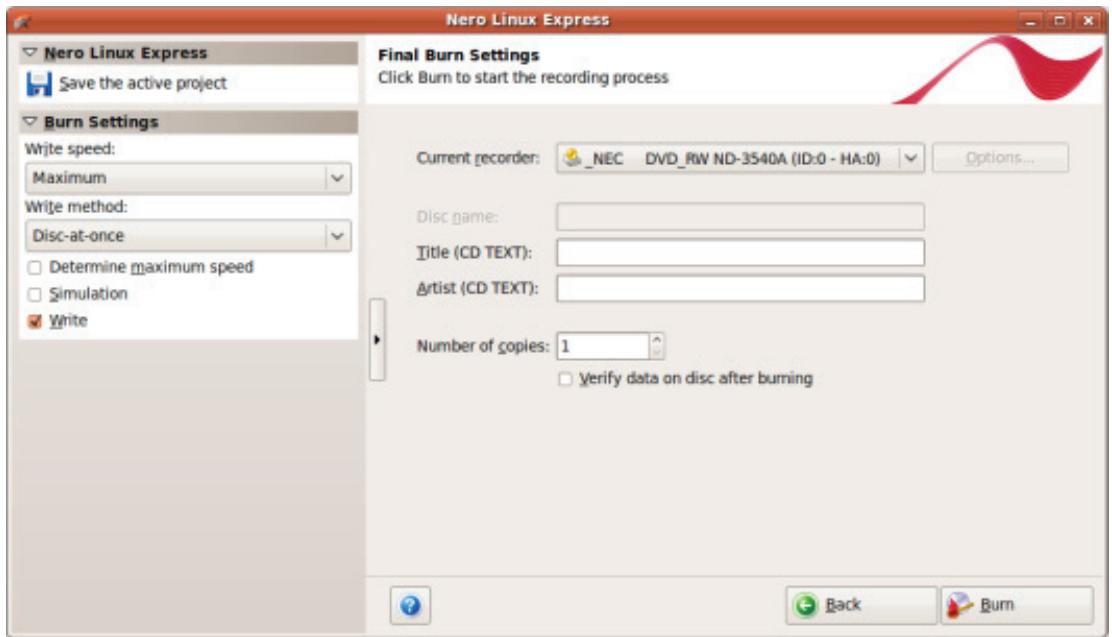NERO LINUX EXPRESS 4 - Final Burn Settings Screen - 1