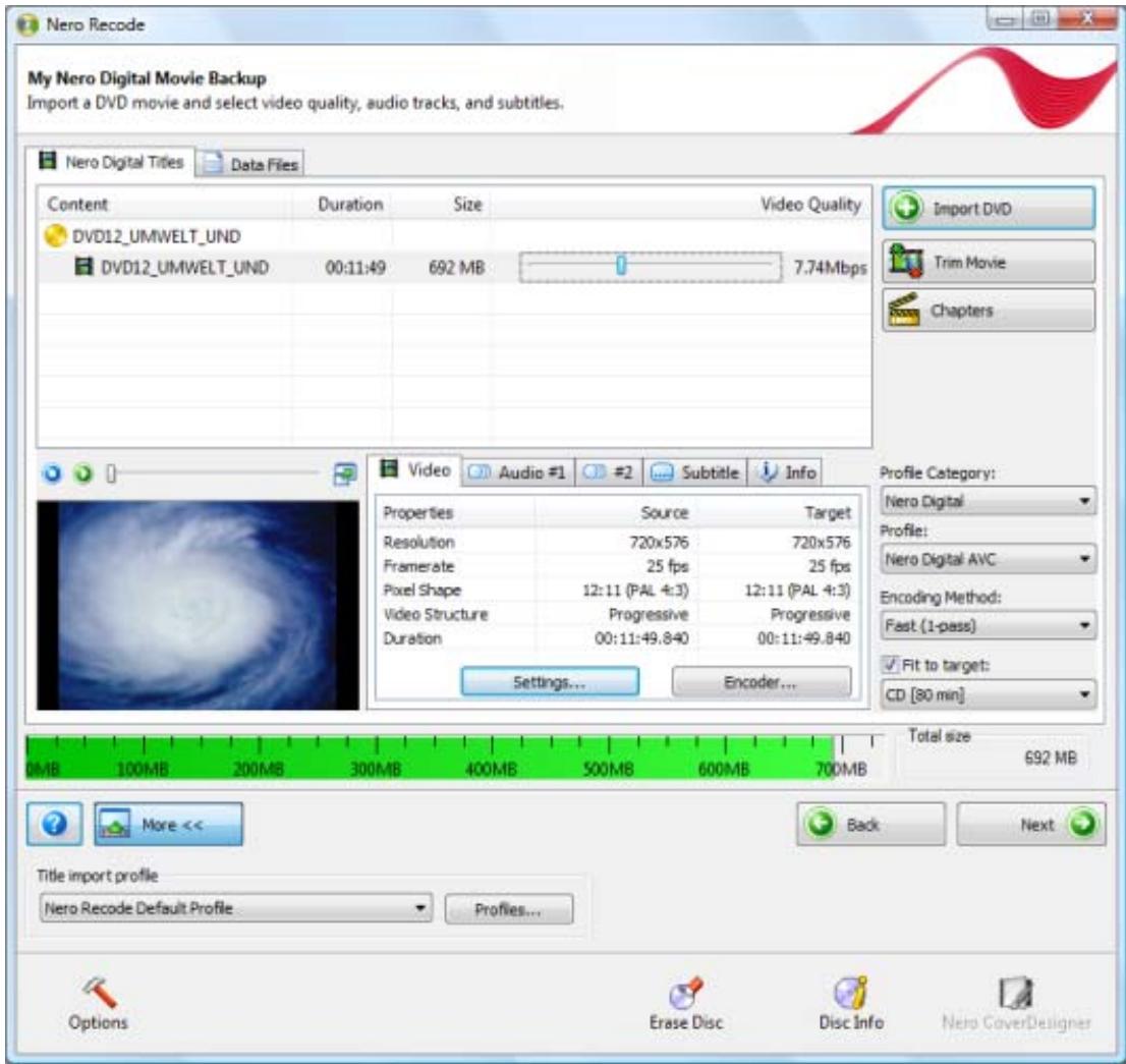 NERO RECODE 9 - Setting Options for Recoding a Main Movie to Nero Digital - 1