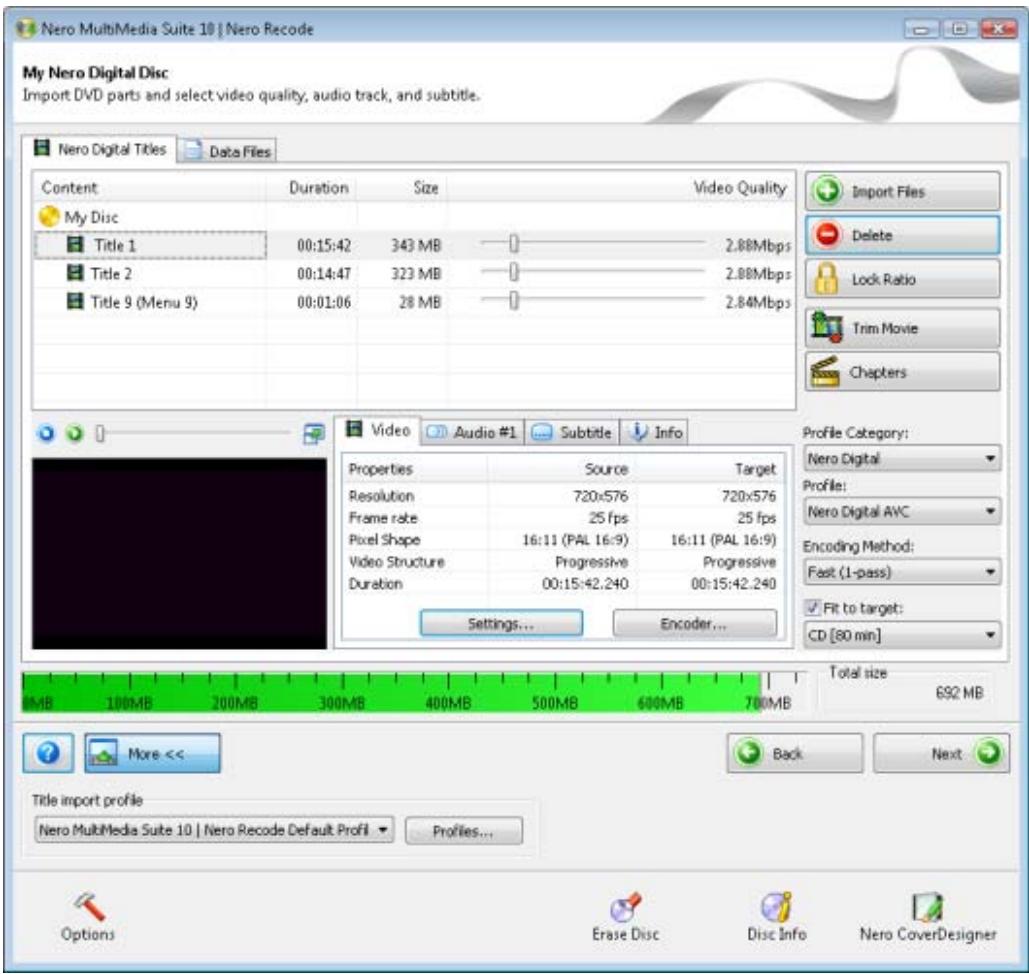 NERO RECODE MULTIMEDIA SUITE 10 - Setting Options for Recoding a DVD to Nero Digital - 1