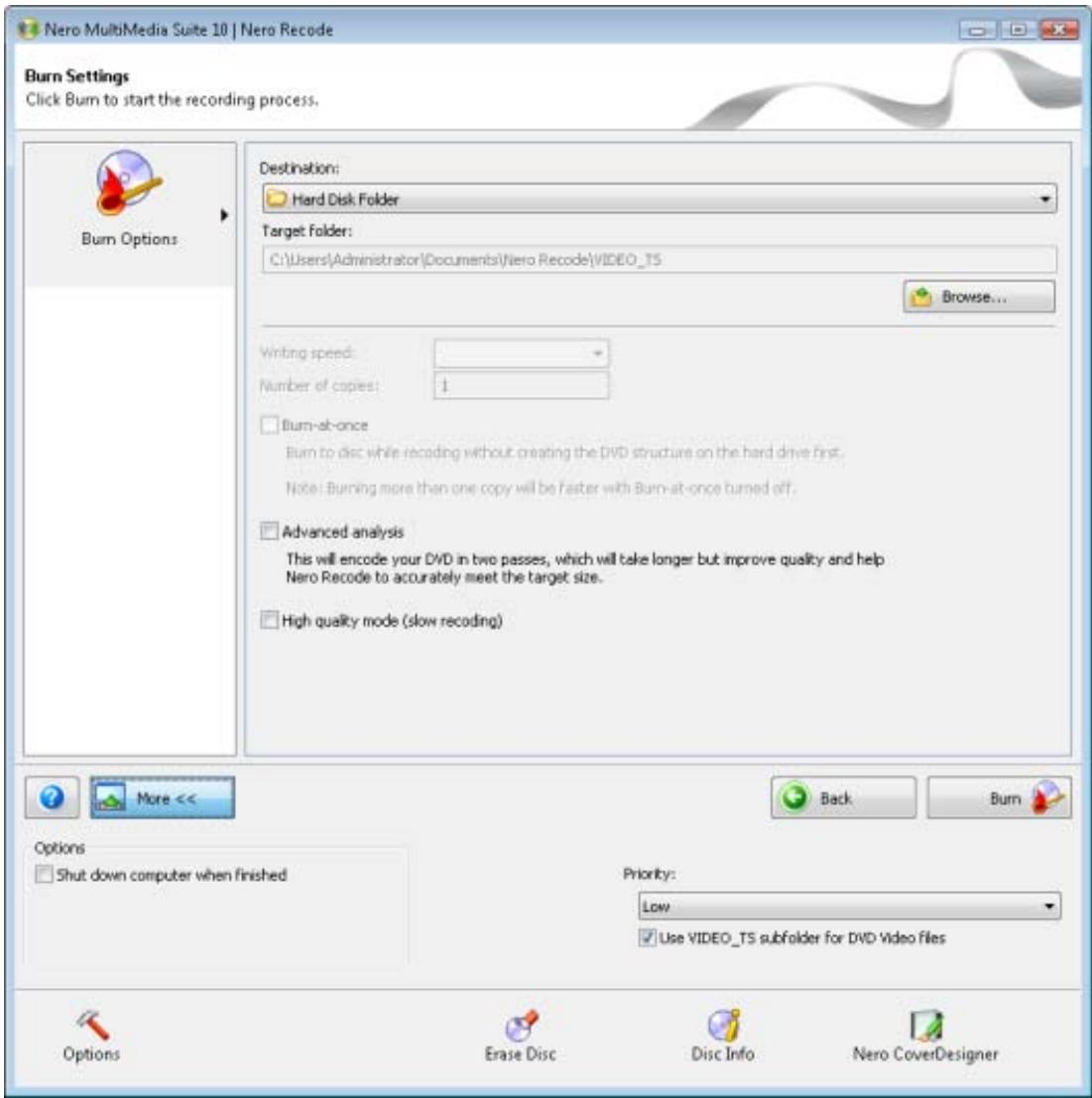 NERO RECODE MULTIMEDIA SUITE 10 - Burn Settings screen - 2