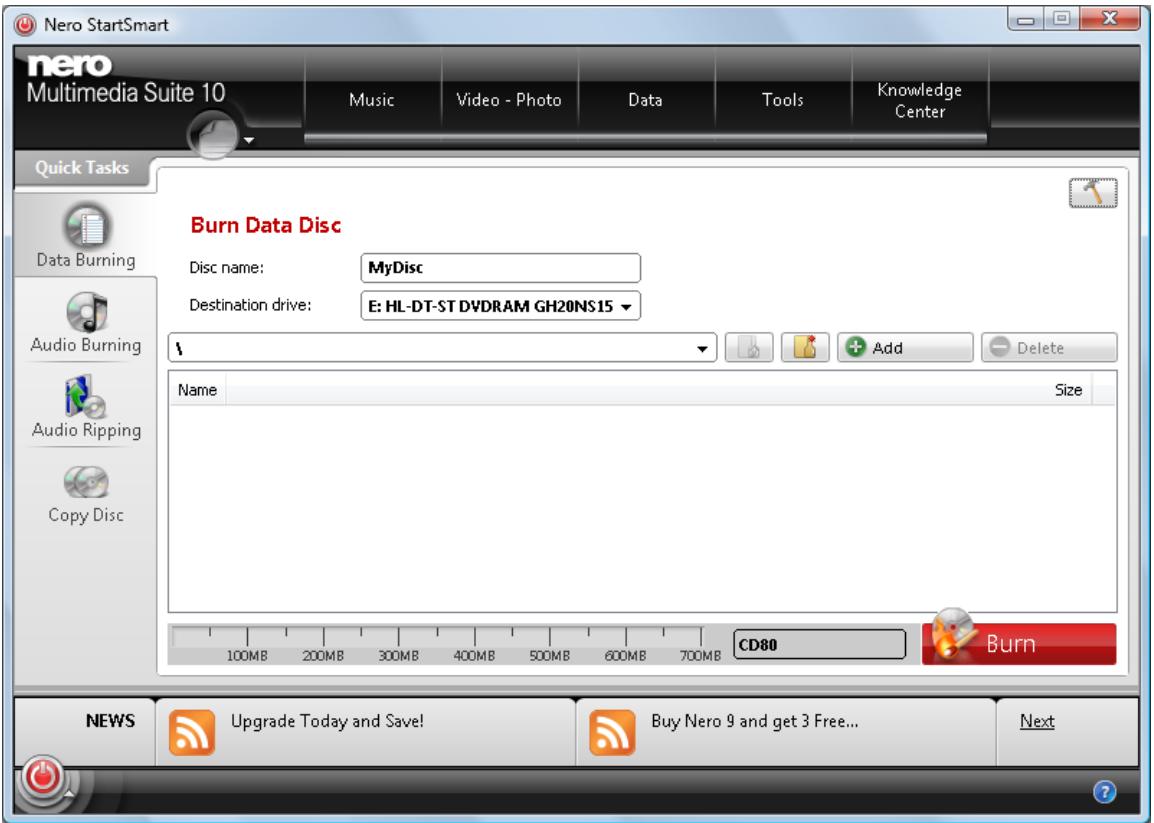NERO STARTSMART MULTIMEDIA SUITE 10 - Burn Data Disc Screen - 1