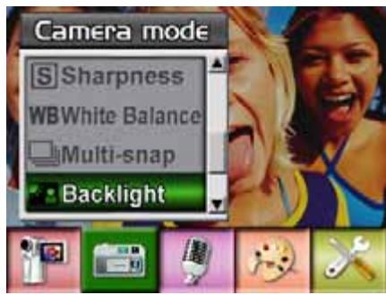 Camera mode Sharpness WB White Balance Multi-snap Backlight