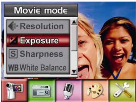 Movie mode Resolution Exposure Sharpness WB White Balance