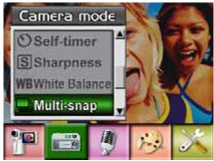 Camera mode Self-timer Sharpness WBWhite Balance Multi-snap